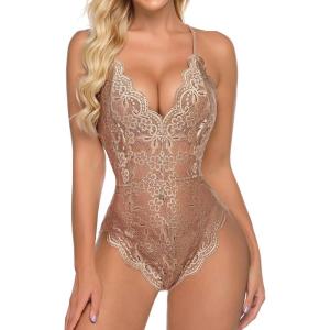 image:imageAvidlove Sexy Lingerie for Women Deep V Teddy Sheer Lace Bodysuit Snap Crotch One Piece BabydollBskin