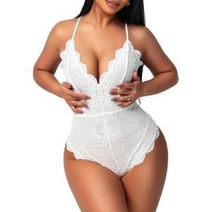 image:imageAvidlove Sexy Lingerie for Women Deep V Teddy Sheer Lace Bodysuit Snap Crotch One Piece BabydollDouble Layers  White