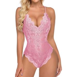 image:imageAvidlove Sexy Lingerie for Women Deep V Teddy Sheer Lace Bodysuit Snap Crotch One Piece BabydollLight Pink