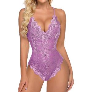 image:imageAvidlove Sexy Lingerie for Women Deep V Teddy Sheer Lace Bodysuit Snap Crotch One Piece BabydollLilac Purple