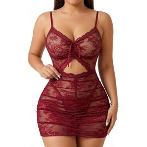 image:imageAvidlove Sexy Lingerie for Women Ruched Lace Babydoll Lingerie Cutout Mesh Bodycon Chemise Nightgown SXXLWine Red