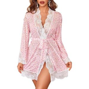 image:imageAvidlove Women Lace Kimono Robe Babydoll Sexy Lingerie Mesh Chemise Nightgown Cover UpWhite Flower