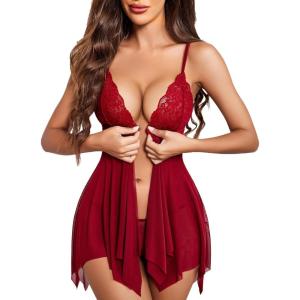 image:imageAvidlove Women Lace Lingerie Front Closure Babydoll V Neck Nightwear Sexy Chemise NightieA Deep Red