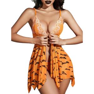 image:imageAvidlove Women Lace Lingerie Front Closure Babydoll V Neck Nightwear Sexy Chemise NightieHalloween Bat Print