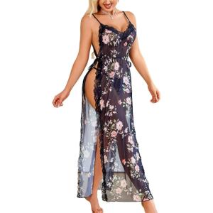 image:imageAvidlove Women Lingerie Sexy Nightgowns Lace Babydoll Mesh Sleepwear Long Lingerie Dress Side Split Nightdress SXXLBlack Flower