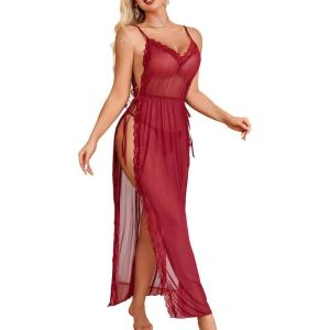 image:imageAvidlove Women Lingerie Sexy Nightgowns Lace Babydoll Mesh Sleepwear Long Lingerie Dress Side Split Nightdress SXXLWine Red