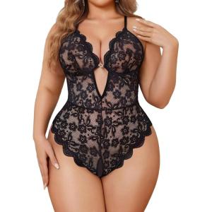image:imageAvidlove Women Plus Size Lingerie Lace Teddy Deep V Lingerie Bodysuit One Piece Babydoll 1422 PlusBlack