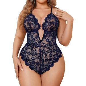 image:imageAvidlove Women Plus Size Lingerie Lace Teddy Deep V Lingerie Bodysuit One Piece Babydoll 1422 PlusNavy Blue