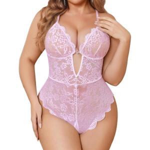 image:imageAvidlove Women Plus Size Lingerie Lace Teddy Deep V Lingerie Bodysuit One Piece Babydoll 1422 PlusPink