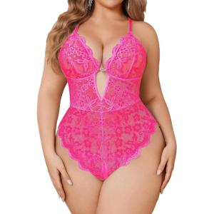 image:imageAvidlove Women Plus Size Lingerie Lace Teddy Deep V Lingerie Bodysuit One Piece Babydoll 1422 PlusRose Red