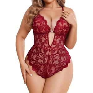 image:imageAvidlove Women Plus Size Lingerie Lace Teddy Deep V Lingerie Bodysuit One Piece Babydoll 1422 PlusWine Red