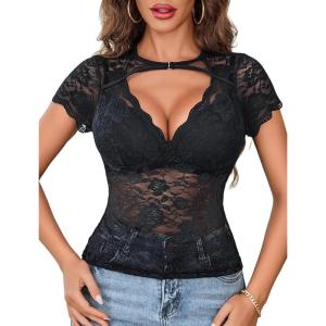image:imageAvidlove Womens Lace Mesh Short Sleeve Top Floral Sheer See Through Blouse Sexy TopsBlack