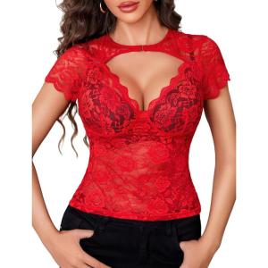 image:imageAvidlove Womens Lace Mesh Short Sleeve Top Floral Sheer See Through Blouse Sexy TopsCarmined Red