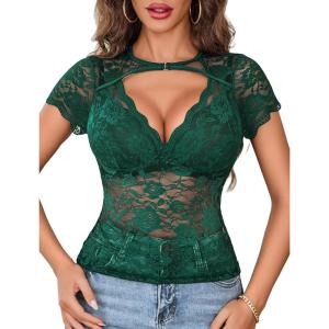 image:imageAvidlove Womens Lace Mesh Short Sleeve Top Floral Sheer See Through Blouse Sexy TopsGreen