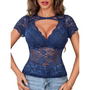 image:imageAvidlove Womens Lace Mesh Short Sleeve Top Floral Sheer See Through Blouse Sexy TopsNavy Blue