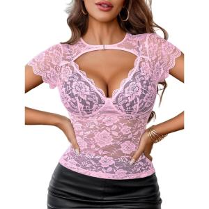 image:imageAvidlove Womens Lace Mesh Short Sleeve Top Floral Sheer See Through Blouse Sexy TopsPink