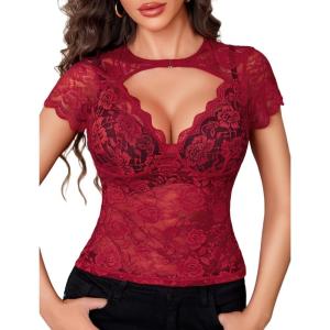 image:imageAvidlove Womens Lace Mesh Short Sleeve Top Floral Sheer See Through Blouse Sexy TopsWine Red
