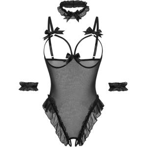 image:imageAvidlove Womens Lingerie Bodysuit 4 Piece Set Sheer Mesh Teddy Babydoll with Detachable Collar and Wrist CuffsBlack