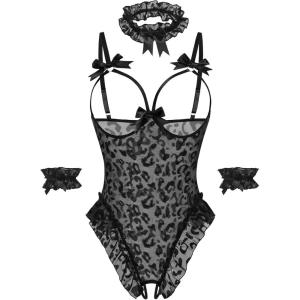 image:imageAvidlove Womens Lingerie Bodysuit 4 Piece Set Sheer Mesh Teddy Babydoll with Detachable Collar and Wrist CuffsBlack Leopard