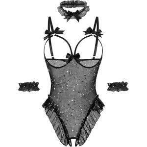 image:imageAvidlove Womens Lingerie Bodysuit 4 Piece Set Sheer Mesh Teddy Babydoll with Detachable Collar and Wrist CuffsConstellation