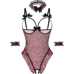 image:imageAvidlove Womens Lingerie Bodysuit 4 Piece Set Sheer Mesh Teddy Babydoll with Detachable Collar and Wrist CuffsHot Pink Leopard