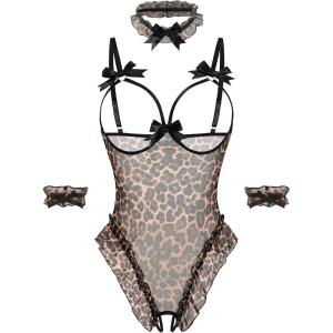 image:imageAvidlove Womens Lingerie Bodysuit 4 Piece Set Sheer Mesh Teddy Babydoll with Detachable Collar and Wrist CuffsLeopard