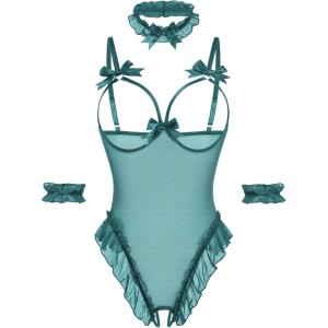 image:imageAvidlove Womens Lingerie Bodysuit 4 Piece Set Sheer Mesh Teddy Babydoll with Detachable Collar and Wrist CuffsPeacock Blue