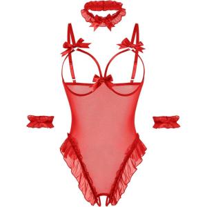 image:imageAvidlove Womens Lingerie Bodysuit 4 Piece Set Sheer Mesh Teddy Babydoll with Detachable Collar and Wrist CuffsRed