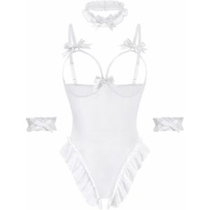 image:imageAvidlove Womens Lingerie Bodysuit 4 Piece Set Sheer Mesh Teddy Babydoll with Detachable Collar and Wrist CuffsWhite