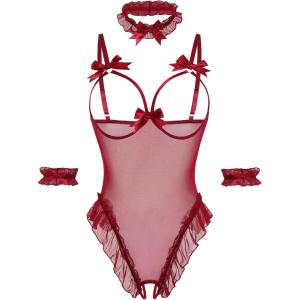 image:imageAvidlove Womens Lingerie Bodysuit 4 Piece Set Sheer Mesh Teddy Babydoll with Detachable Collar and Wrist CuffsWine Red