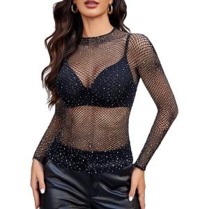 image:imageAvidlove Womens Sexy Fishnet Mesh Long Sleeve Tops Mock Neck Sheer Lace SeeThrough Blouse Bodycon Clubwear Party TopsBlack Rhinestone