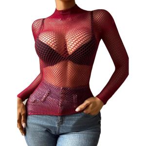 image:imageAvidlove Womens Sexy Fishnet Mesh Long Sleeve Tops Mock Neck Sheer Lace SeeThrough Blouse Bodycon Clubwear Party TopsBurgundy