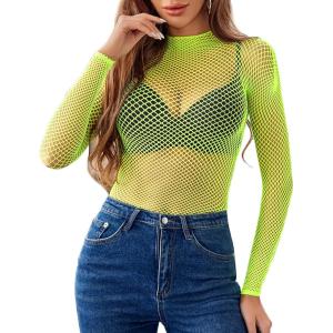 image:imageAvidlove Womens Sexy Fishnet Mesh Long Sleeve Tops Mock Neck Sheer Lace SeeThrough Blouse Bodycon Clubwear Party TopsFluorescent Green