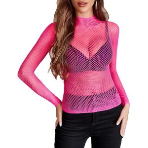 image:imageAvidlove Womens Sexy Fishnet Mesh Long Sleeve Tops Mock Neck Sheer Lace SeeThrough Blouse Bodycon Clubwear Party TopsFluorescent Pink