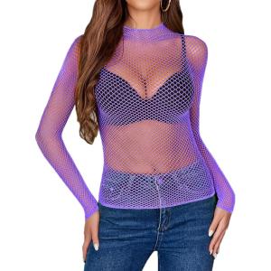 image:imageAvidlove Womens Sexy Fishnet Mesh Long Sleeve Tops Mock Neck Sheer Lace SeeThrough Blouse Bodycon Clubwear Party TopsLilac