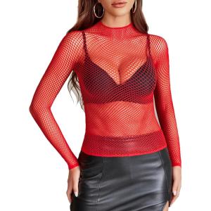 image:imageAvidlove Womens Sexy Fishnet Mesh Long Sleeve Tops Mock Neck Sheer Lace SeeThrough Blouse Bodycon Clubwear Party TopsRed