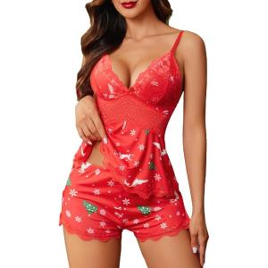 image:imageAvidlove Womens Sweetness Cami Set Lace Camisole Lingerie Nightwear Sexy Pajamas Lounge SetsChristmas Reindeer Red