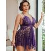image:imageAvidlove Plus Size Lingerie Lace Babydoll Womens Teddy Chemise V Neck Nighty Mesh Sleepwear Front Slit NightdressPurple