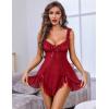 image:imageAvidlove Sexy Bow Split Side Ruffle Mesh Babydoll Lingerie Dress with Thong 2 PieceDark Red