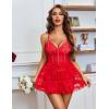 image:imageAvidlove Sexy Open Back V Neck Floral Lace Wireless Babydoll Lingerie Dress Set with Thong 2 PieceRed
