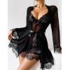image:imageAvidlove Women 3 Piece Sexy Lingerie Set Floral Lace Trim Mini Babydoll Nightgown and Wide Sleeve RobeBlack