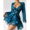 image:imageAvidlove Women 3 Piece Sexy Lingerie Set Floral Lace Trim Mini Babydoll Nightgown and Wide Sleeve RobeBlue Green