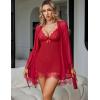 image:imageAvidlove Women 3 Piece Sexy Lingerie Set Floral Lace Trim Mini Babydoll Nightgown and Wide Sleeve RobeDark Red