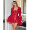 image:imageAvidlove Women 3 Piece Sexy Lingerie Set Floral Lace Trim Mini Babydoll Nightgown and Wide Sleeve RobeDark Red