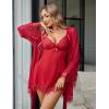 image:imageAvidlove Women 3 Piece Sexy Lingerie Set Floral Lace Trim Mini Babydoll Nightgown and Wide Sleeve RobeDark Red