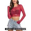 image:imageAvidlove Womens Mesh Tops Long Sleeve See Through Tee Shirt Crop Sheer Blouse Sexy Clubwear XS4XLZ Wine Red With Rhinestone