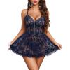 image:imageAvidlove Sexy Open Back V Neck Floral Lace Wireless Babydoll Lingerie Dress Set with Thong 2 PieceNavy Blue