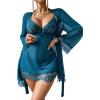 image:imageAvidlove Women 3 Piece Sexy Lingerie Set Floral Lace Trim Mini Babydoll Nightgown and Wide Sleeve RobeBlue Green