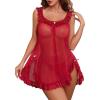 image:imageAvidlove Womens 2 Piece Mesh Sheer Floral Lace Babydoll Slip Dress Nightgowns and Thong Lingerie SetDeep Red
