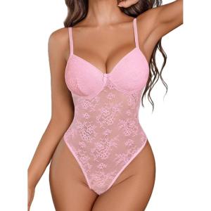 image:imageAvidlove Lingerie for Women Lace Bodysuit Sexy Deep V Teddy Snap Crotch One Piece Babydoll Mesh Body SuitsDeep Pink